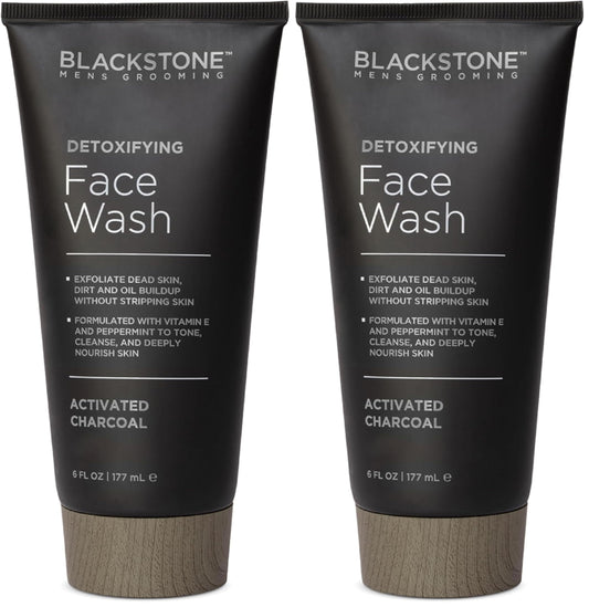 Blackstone Detoxifying Face Wash bottle pouring activated charcoal for a deep cleanse.