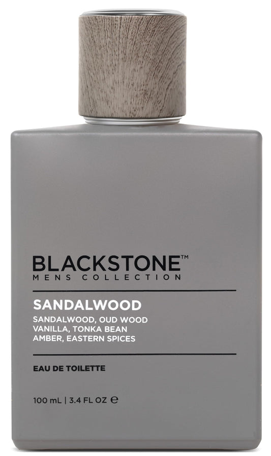 Blackstone Sandalwood Oud Amber bottle front view, ideal everyday wear