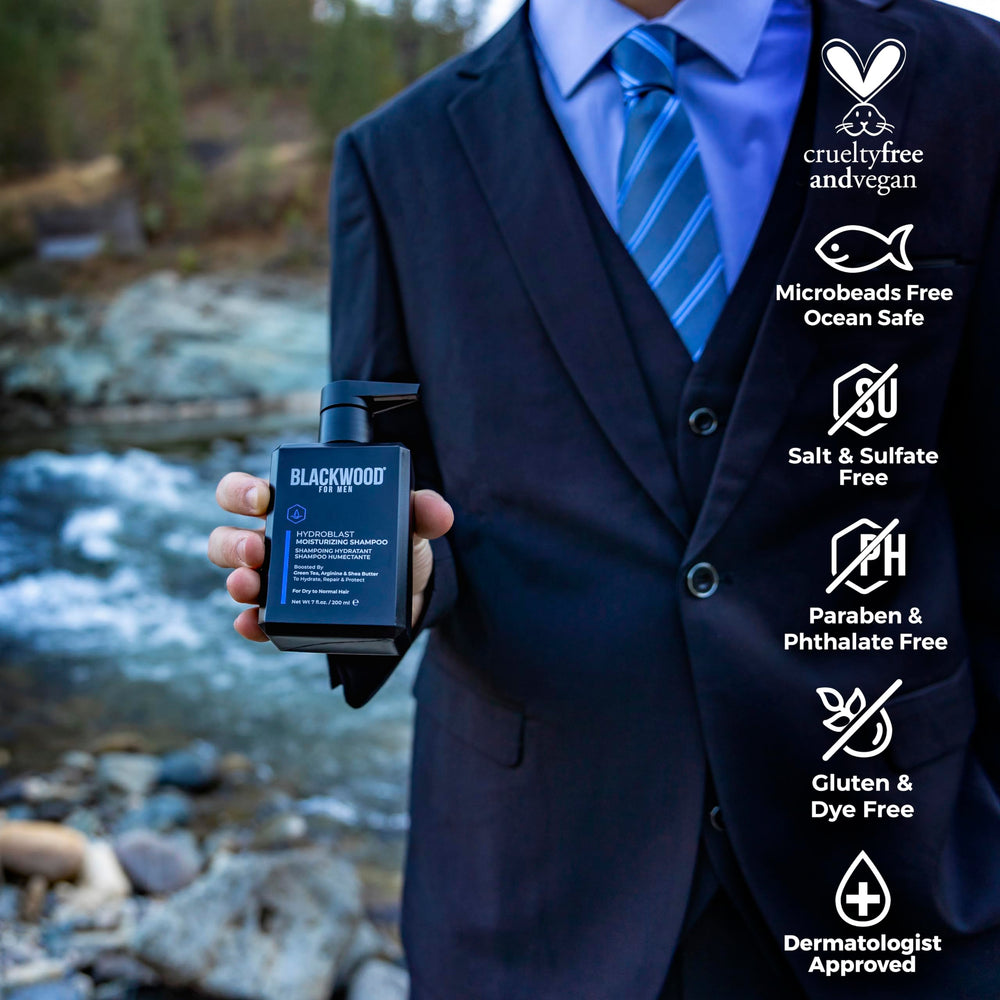 Blackwood For Men Hydroblast Shampoo with shea butter moisture for soft hair.