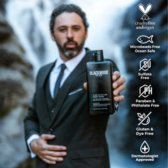Blackwood For Men Pure Moisture Body Wash bottle label emphasizes ginseng hydration.
