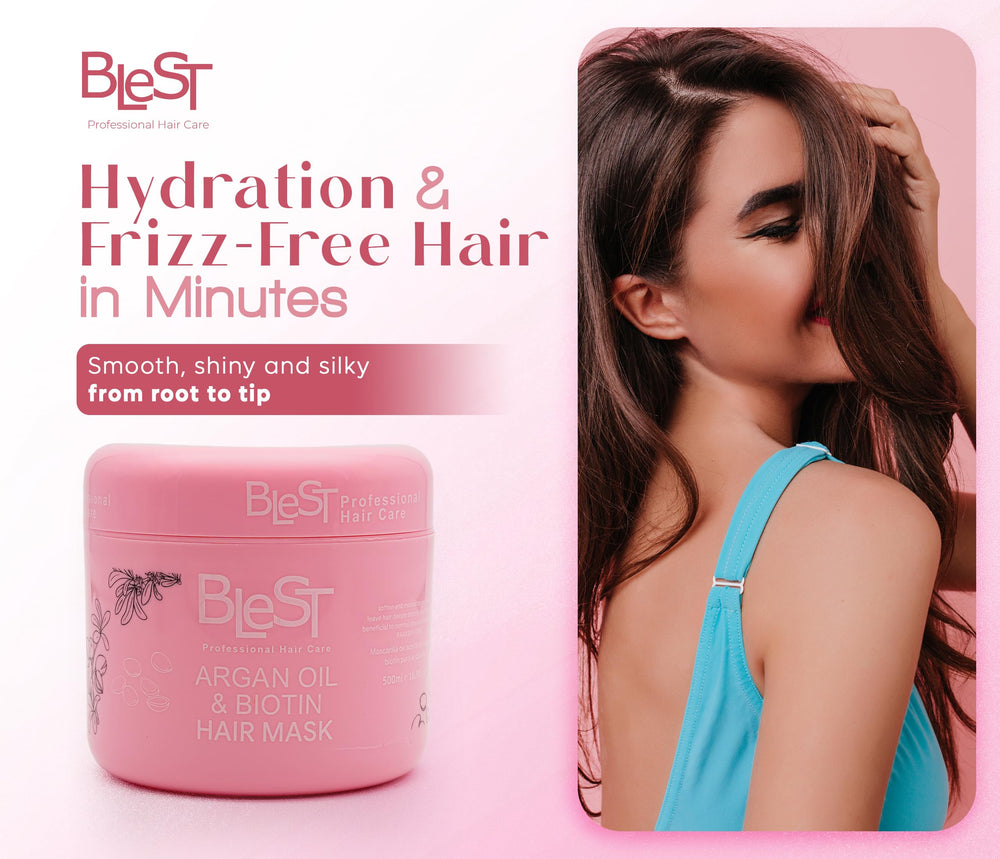 Argan oil and biotin beside BLEST mask highlighting nourishing ingredients