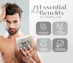 Blest mask bottle beside glossy hair to showcase natural shine potential.