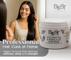 Blest mask shown on dry, damaged hair with improved manageability.