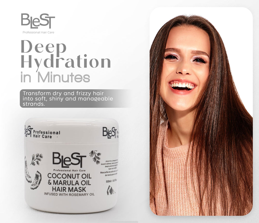 Blest mask ingredients coconut and marula oil highlighted for nourishing care.