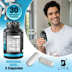 BLife man practicing morning routine near supplement bottle.