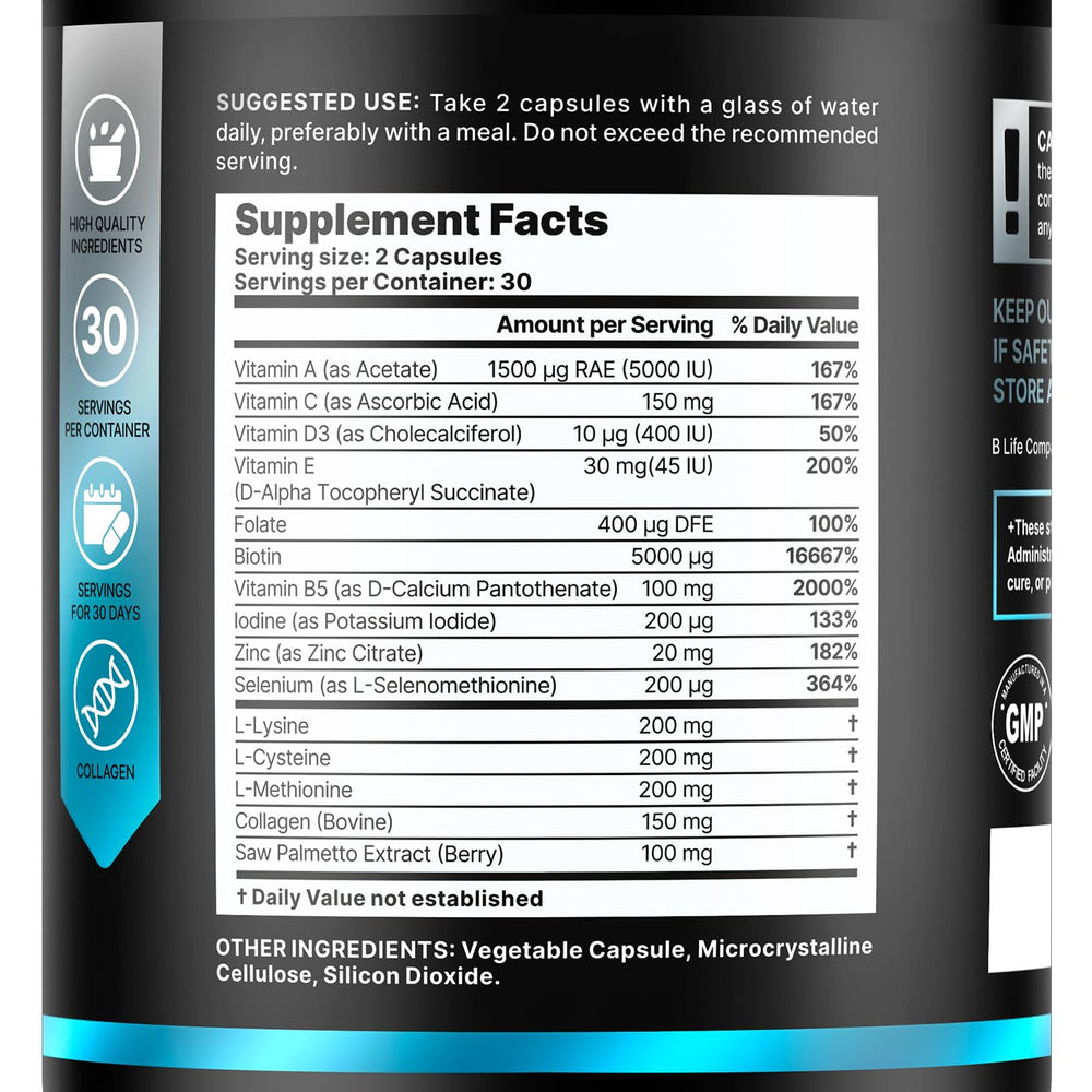 BLife Men’s Hair Growth capsules close-up, showcasing simple daily intake.
