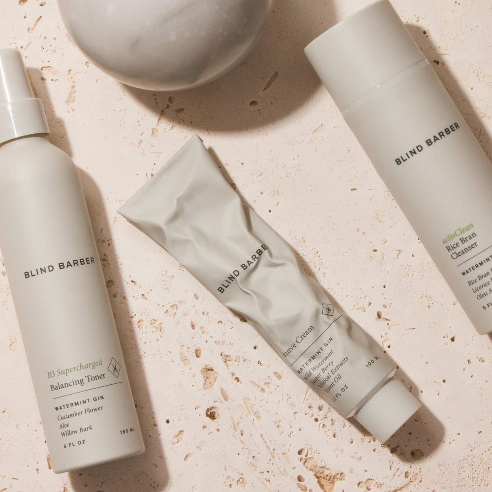Blind Barber B3 toner bottle packaging highlights paraben-free, sulfate-free formula.