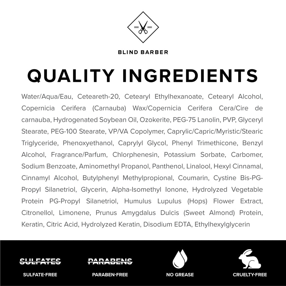 Blind Barber hops extract label highlights conditioning properties.