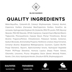 Blind Barber hops extract label highlights conditioning properties.