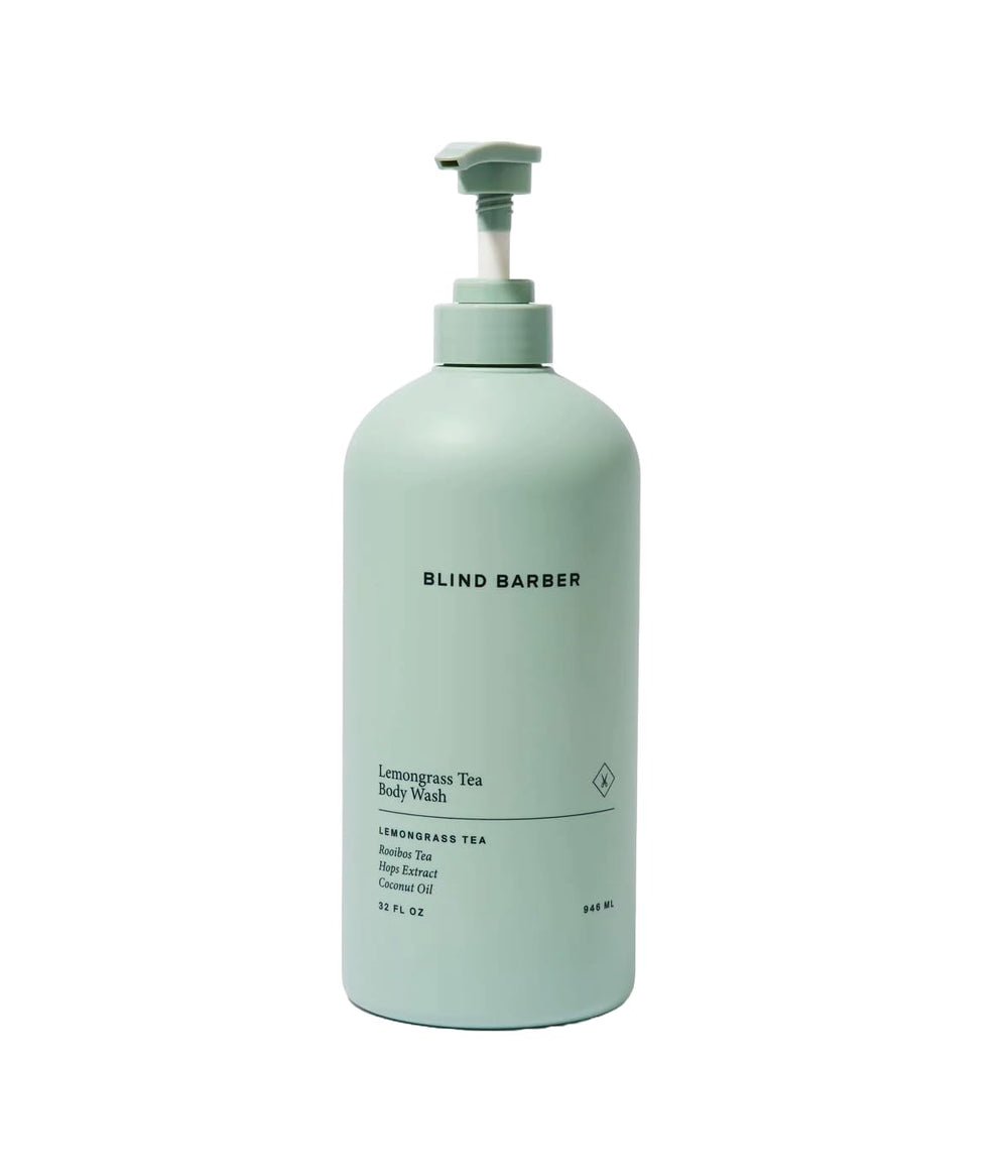 Blind Barber Lemongrass Tea Shower Gel bottle pour delivers refreshing, sulfate-free cleansing.