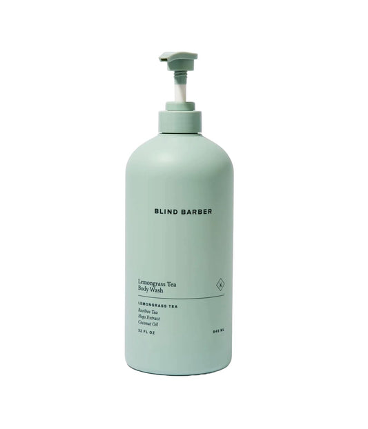 Blind Barber Lemongrass Tea Shower Gel bottle pour delivers refreshing, sulfate-free cleansing.