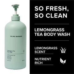 Blind Barber Lemongrass Tea Shower Gel ingredients display rooibos and hops for skin support.