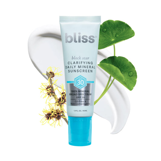 Bliss Block Star sunscreen bottle showing mineral formula for balanced protection
