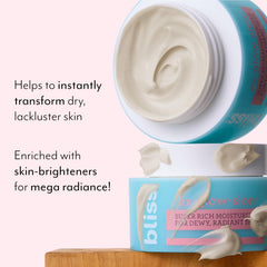 Bliss Ex-glow-sion cream texture close-up shows velvety finish.