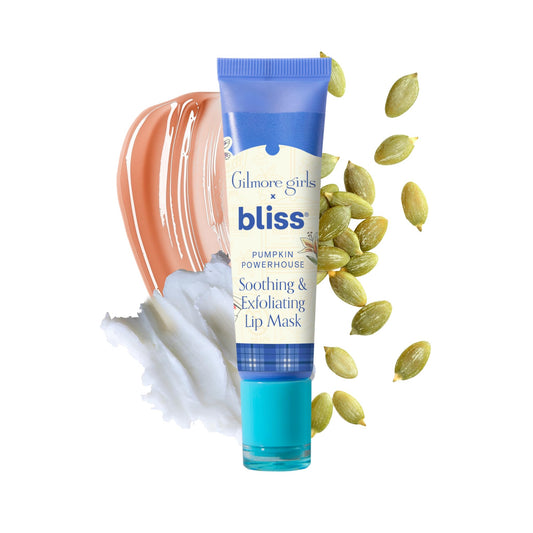 Bliss Gilmore Girls lip mask hero image shows soothing pumpkin formula for overnight hydration.