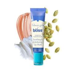Bliss Gilmore Girls lip mask hero image shows soothing pumpkin formula for overnight hydration.