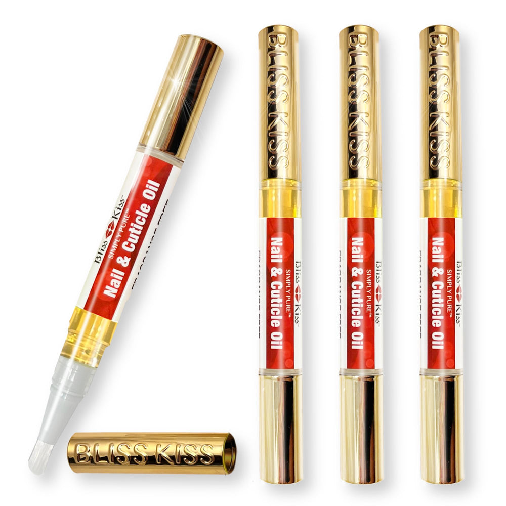 Bliss Kiss Simply Pure nail oil pen pack front view, four fragrance-free applicators for cuticle care.