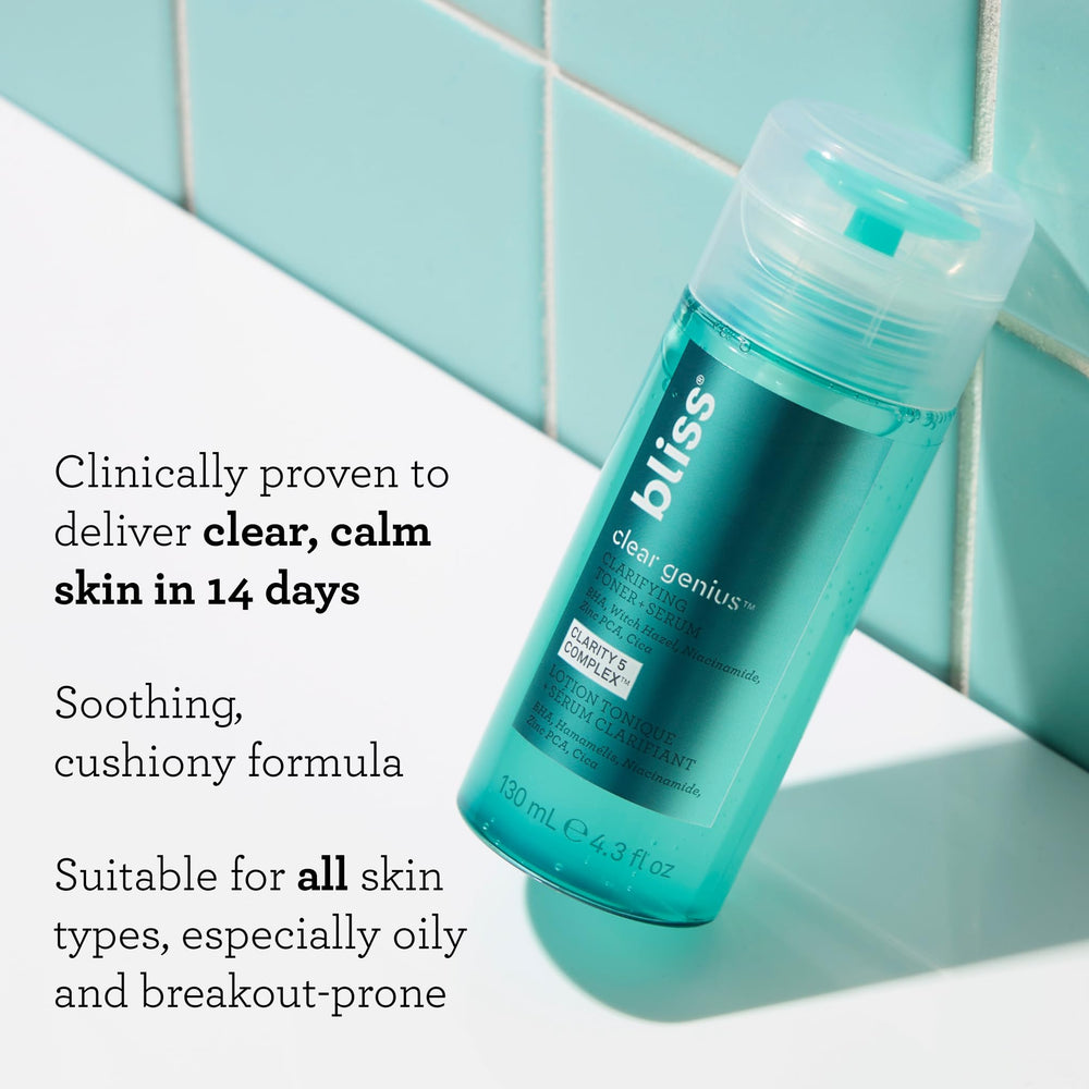 Bliss Clear Genius Toner Serum pores close-up suggests refined texture