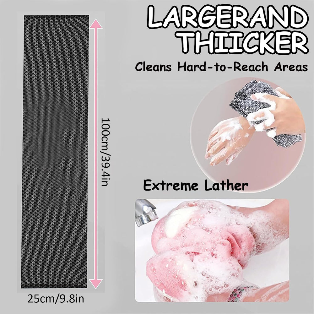 Blissal Exfoliating Shower Towel lather-side provides rich foam for gentle cleansing.