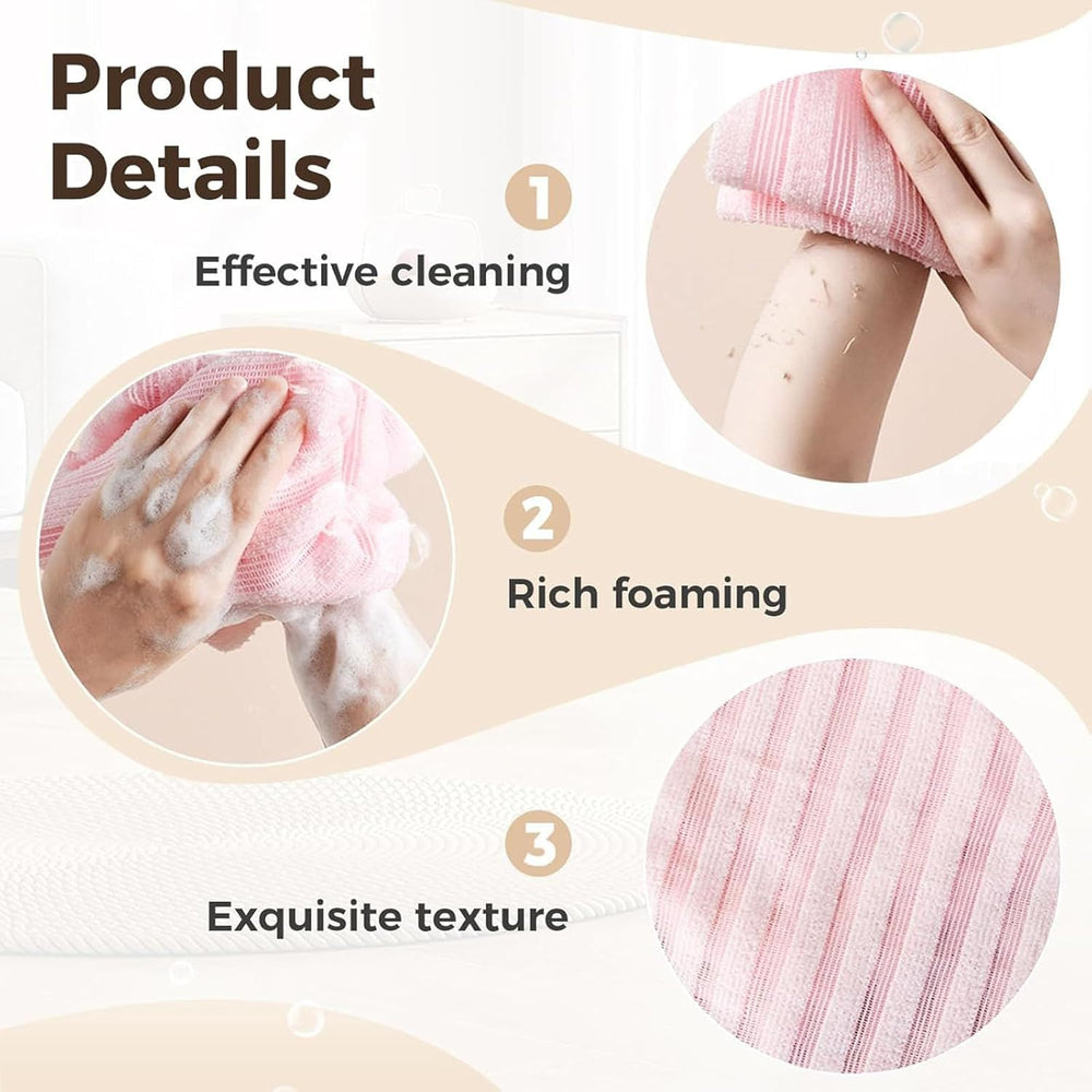 Blissal exfoliating towel back view highlighting full-body cleansing capability.