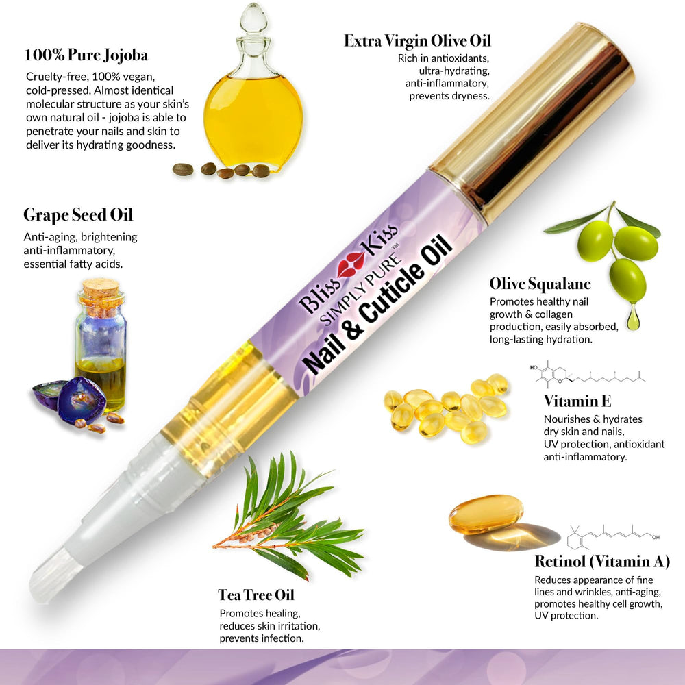 Vitamin E and jojoba in Bliss Kiss nourish nails during daily use.