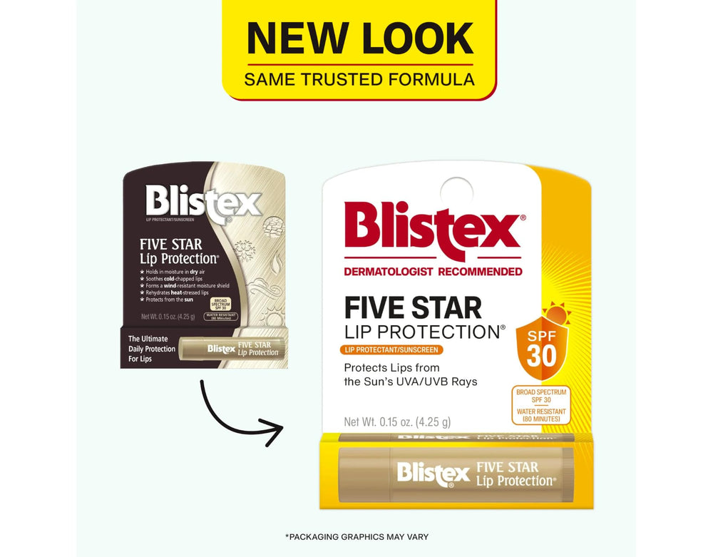 Blistex Five Star SPF30 lip balm close-up shows smooth application.