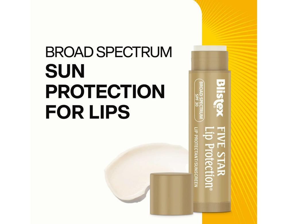 Blistex Five Star SPF30 lip protection tube shown with SPF label for sun care.