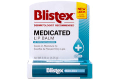 Blistex medicated lip balm tube gliding on lips for lasting moisture.