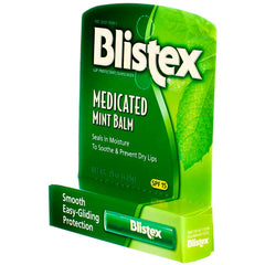 Blistex medicated mint balm SPF 15 application closeup illustrating smooth glide