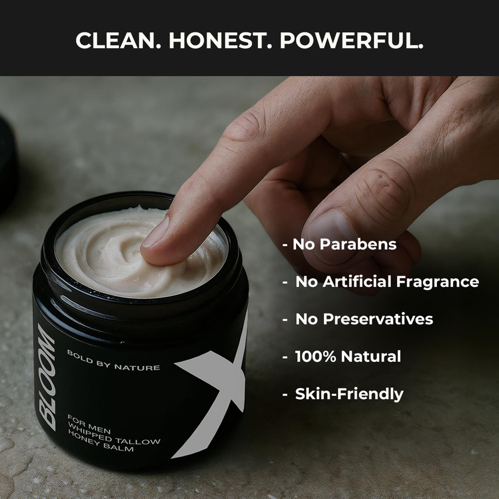 Bloomeo mens skincare routine scene demonstrates versatile use for lips, face, and body.