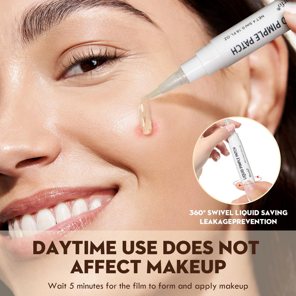 Blorfo liquid acne pen applied to blemish to isolate makeup during the day.