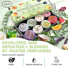 BLRIET shower steamers in a home spa scene releasing aromatic steam.