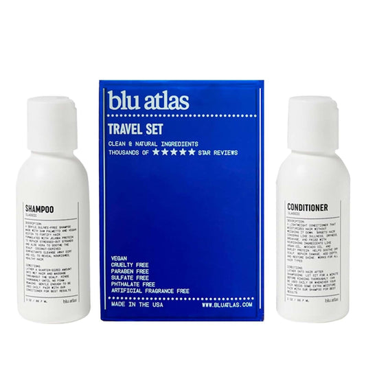Blu Atlas travel-size shampoo bottle for on-the-go cleansing and hair strengthening.