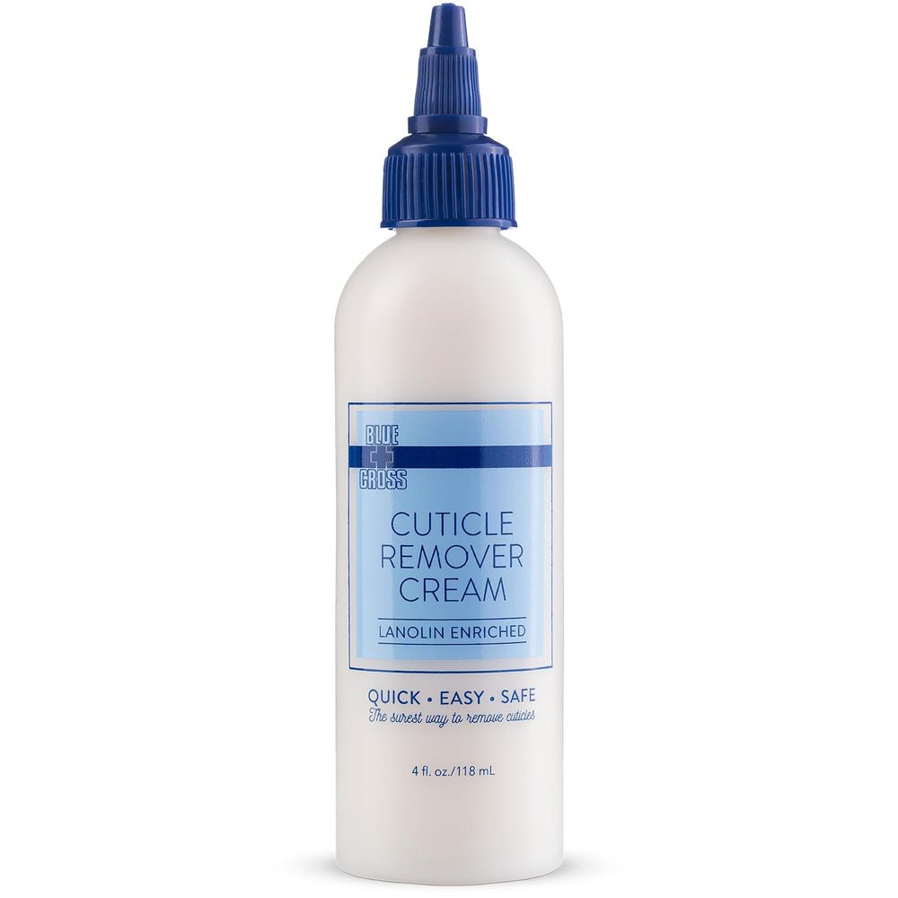Blue Cross Cuticle Remover Cream bottle showing at-home cuticle care benefits
