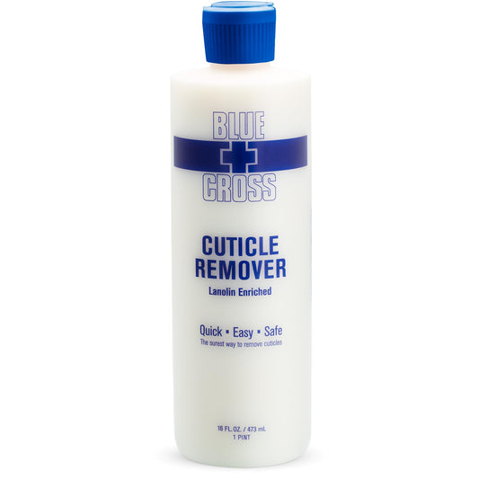 Blue Cross Cuticle Remover liquid bottle for fast, gentle cuticle removal.