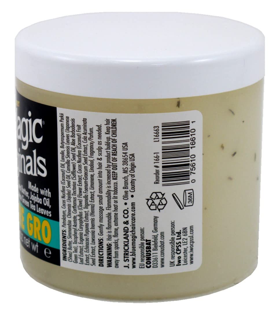Blue Magic Originals Super Sure Gro label closeup highlights shea butter and jojoba oil.