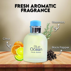Blue Ocean Pour Homme bottle side view highlighting modern design and everyday appeal.
