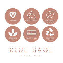 Blue Sage Packaging Box Close-up highlighting cruelty-free USA-made skincare
