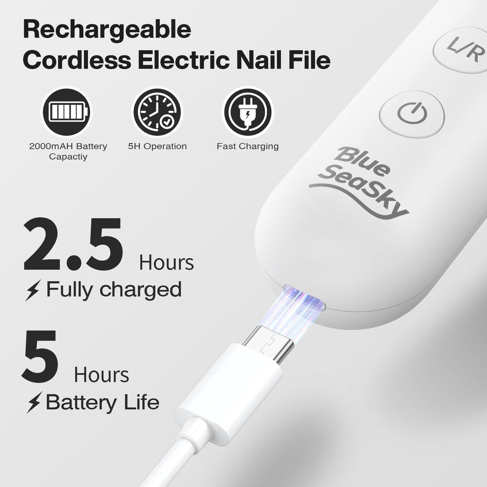Blue Sea Sky cordless nail file with LED display for portable beauty sessions.