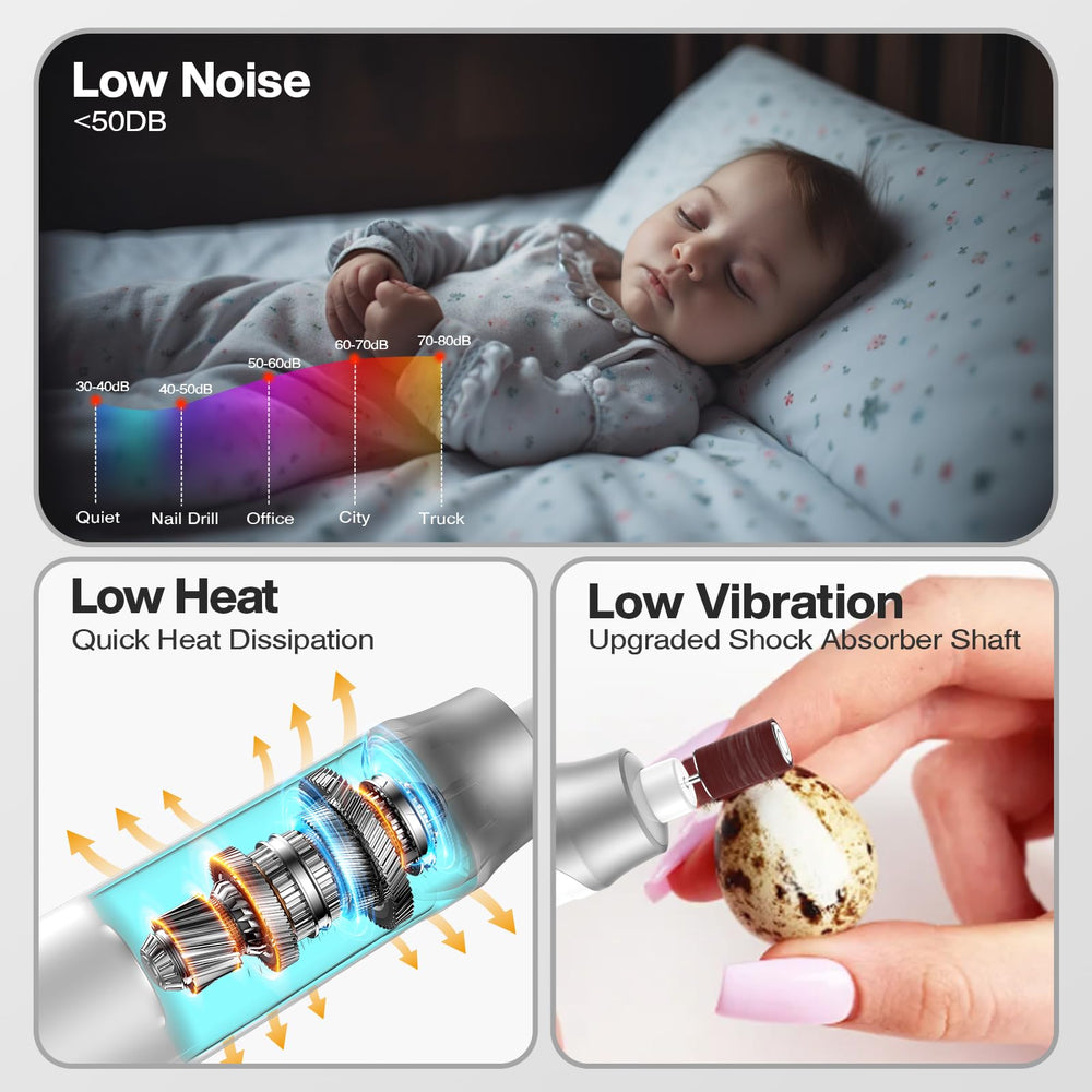 Blue Sea Sky low-noise, low-heat motor for quiet home nail care.