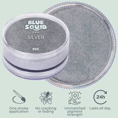 Studio shot of Blue Squid PRO metallic silver face paint finish.