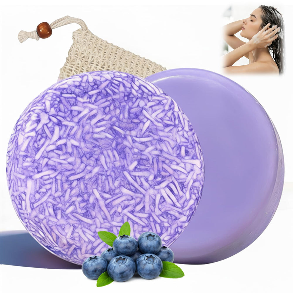 Blueberry Fields Shampoo Bar forms rich foam in warm water for cleansing
