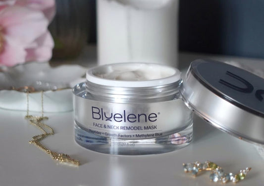 Bluelene Face and Neck Remodel Mask bottle shows a premium formula for lifting and contouring.