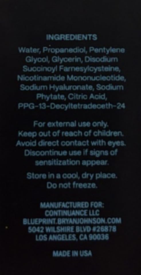 Blueprint Bryan Johnson serum hydration glow hints at smoother, luminous skin.