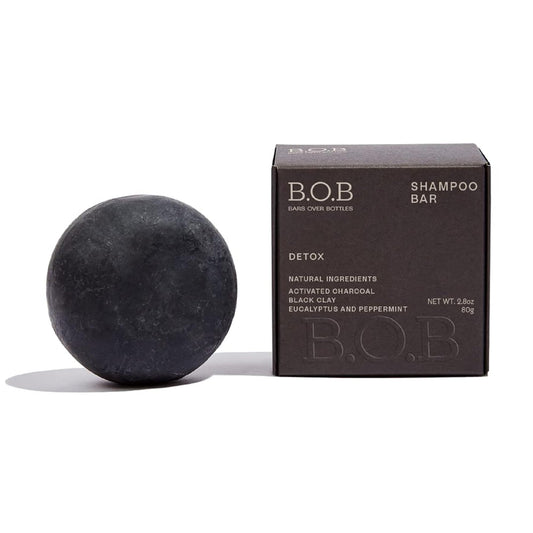 B.O.B Detox Solid Shampoo Bar packshot shows plastic-free packaging and vegan formula.