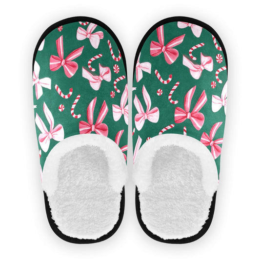 Boccsty Christmas slippers front view with pink-green bow, delivering cozy warmth.