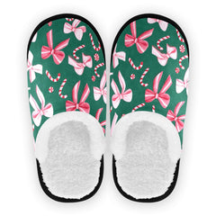 Boccsty Christmas slippers front view with pink-green bow, delivering cozy warmth.