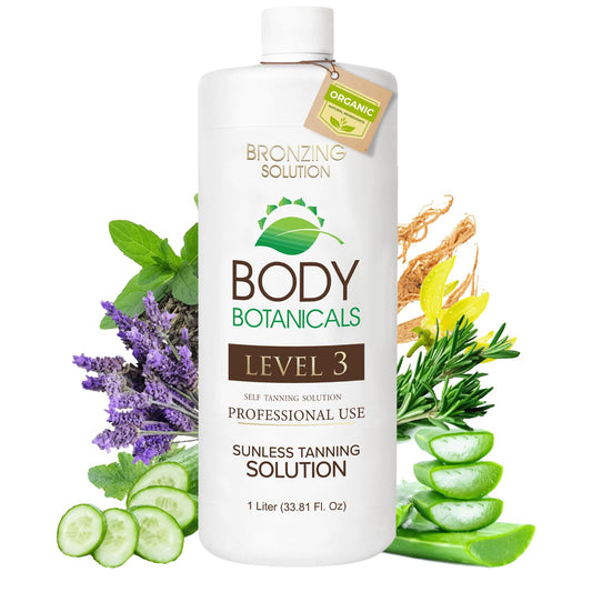 Body Botanicals sunless tan solution bottle with natural, streak-free glow.