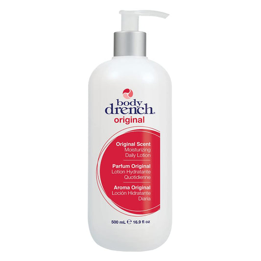 Body Drench Moisturizing Lotion bottle close-up highlighting rich emollients for hydrated skin.