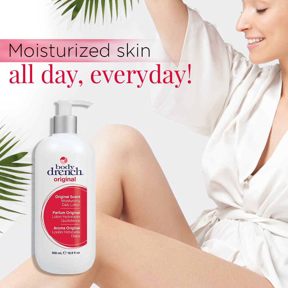 Body Drench Moisturizing Lotion texture close-up showing creamy, silky feel for smooth skin.